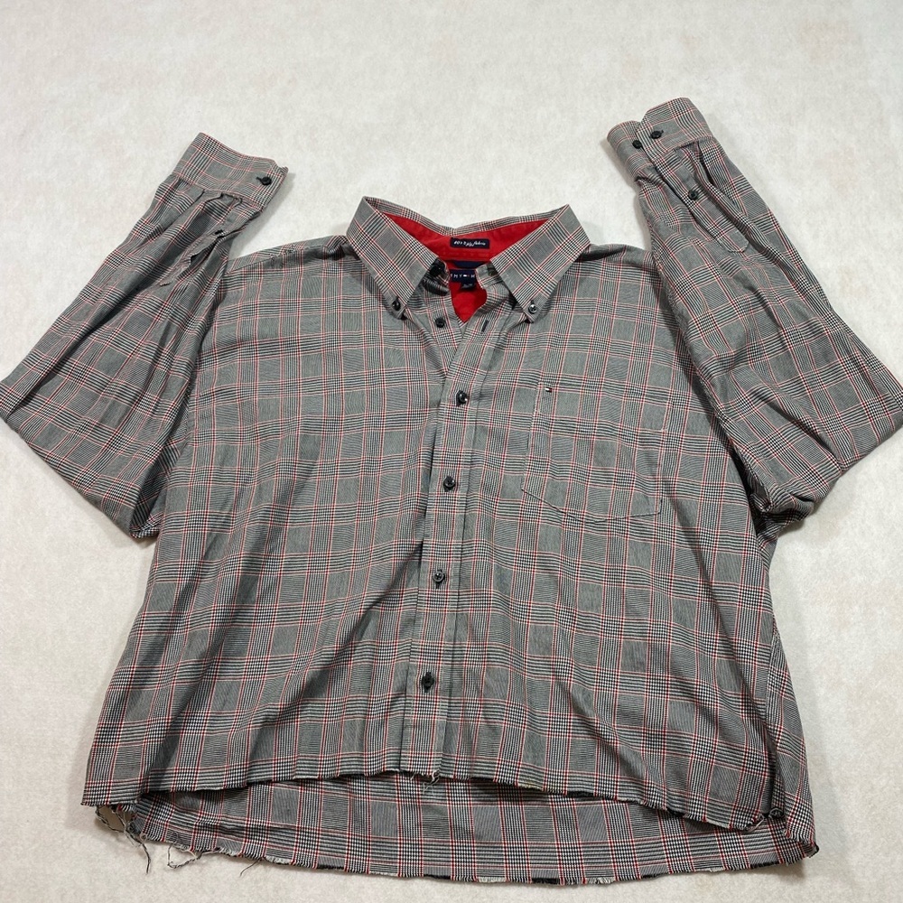 Tommy Hilfiger Plaid Shirt button Down shirt collared long sleeves  Frayed Top